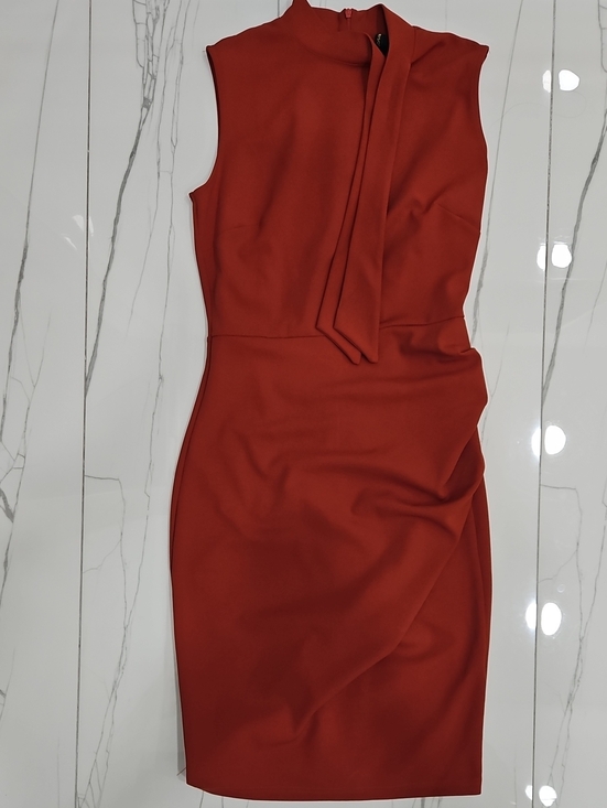 Miusol Tops - Miusol Sleeveless Tie-Neck Cocktail Pencil Dress in Rust Orange.